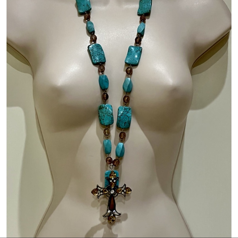 Chic Turquoise Statement Crystal Cross Long Neckl… - image 2